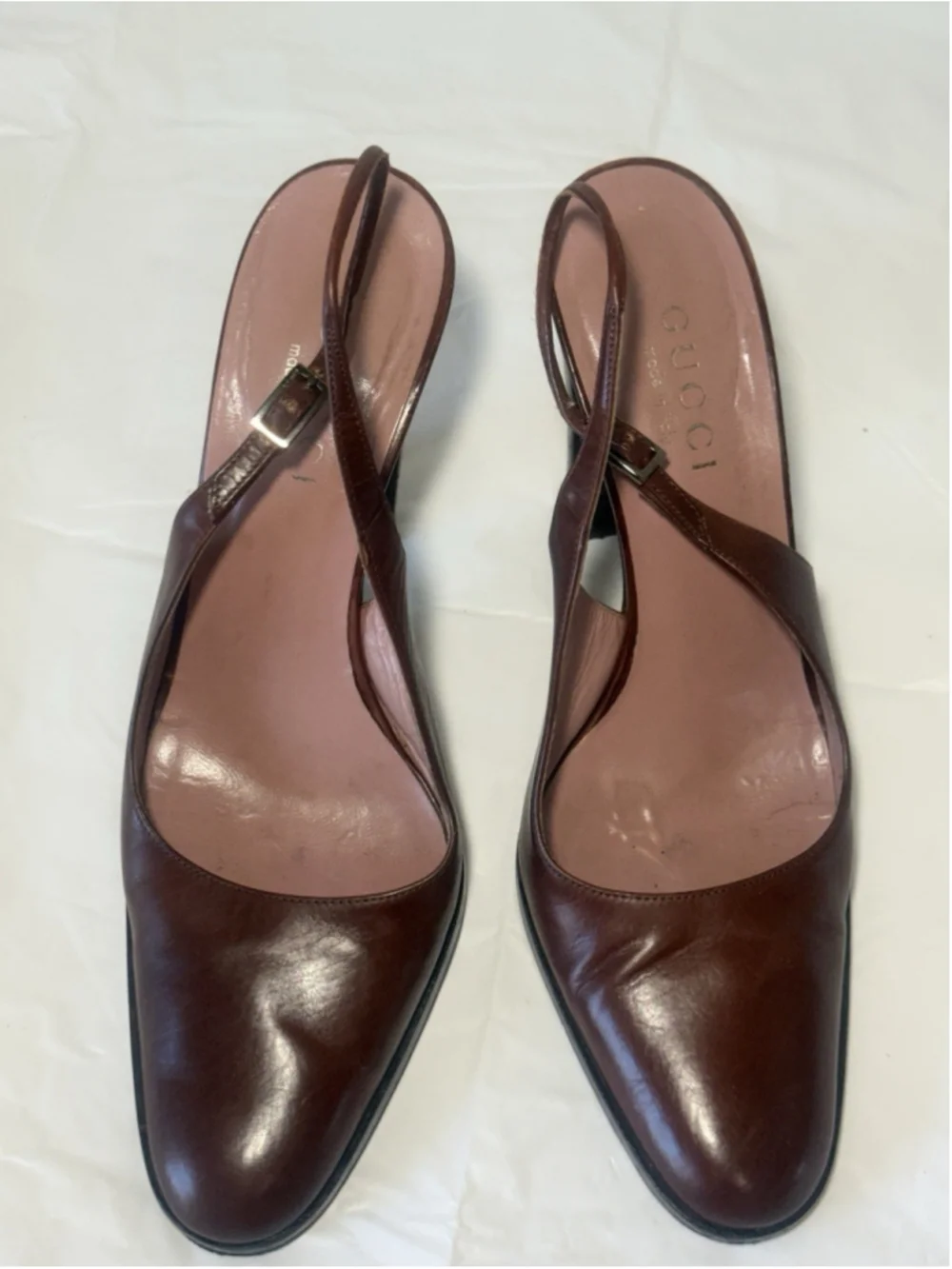 GUCCI Slingback Heels Closed Toe Brown Leather Shoes Sandals US 7 EU 37 C